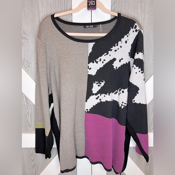 B15.11 Nic+Zoe Colorblock Mixed Media Tunic Sweater Side Zipper Purple Black Tan - Picture 2 of 8